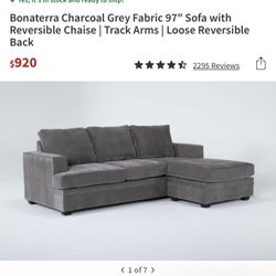 600$$Bonaterra Charcoal Grey Fabric 97" Sofa with Reversible Chaise