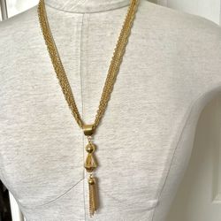 Gold Tone Long Chain Tassel Necklace 
