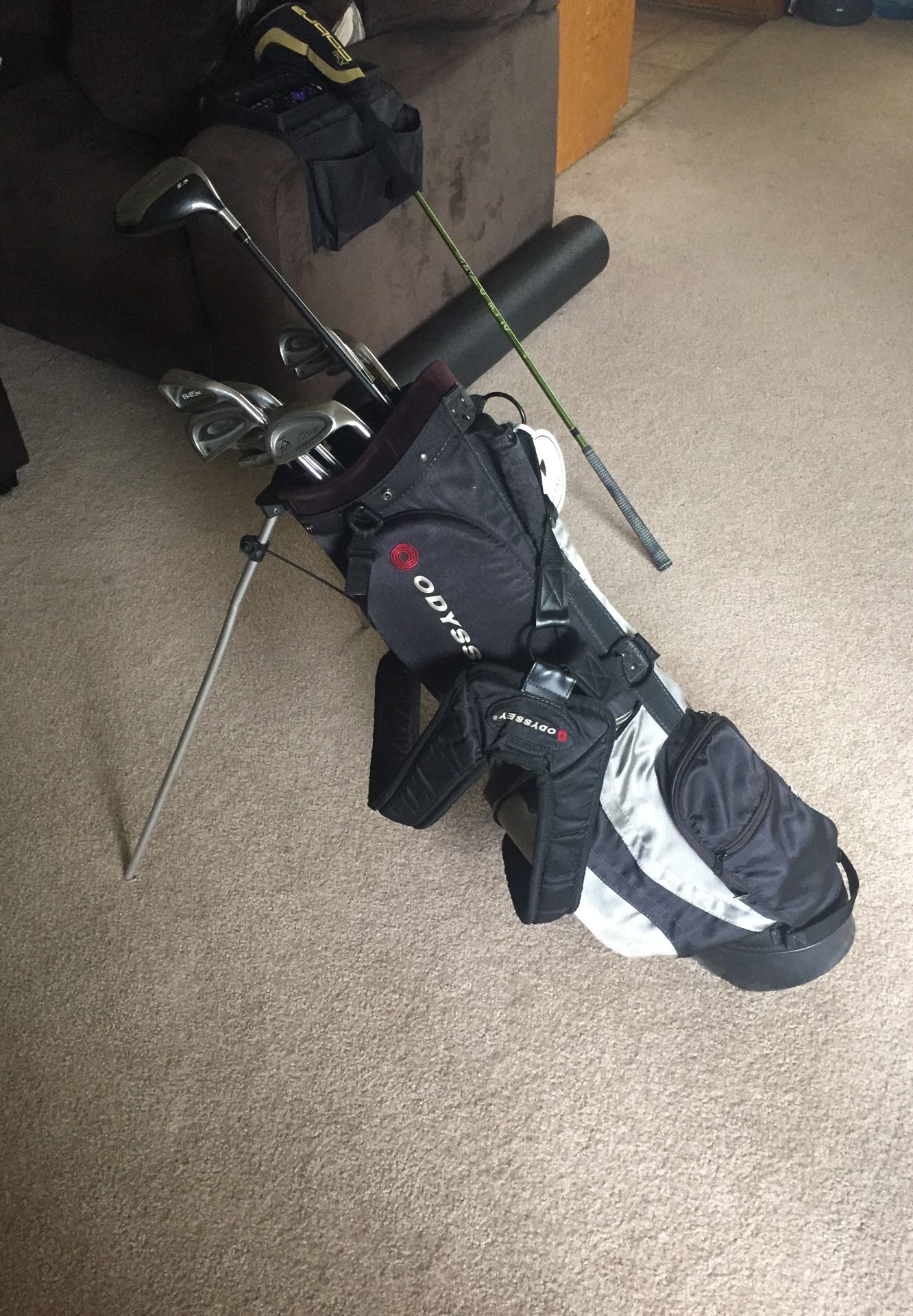 Golf Clubs: Titleist DCI iron golf clubs 3-PW, Ping putter, Odyssey golf bag with stand, and Taylor Made Driver