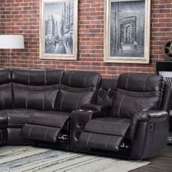Brown Leather Sectional Sofa With Reclining Seats + Bluetooth