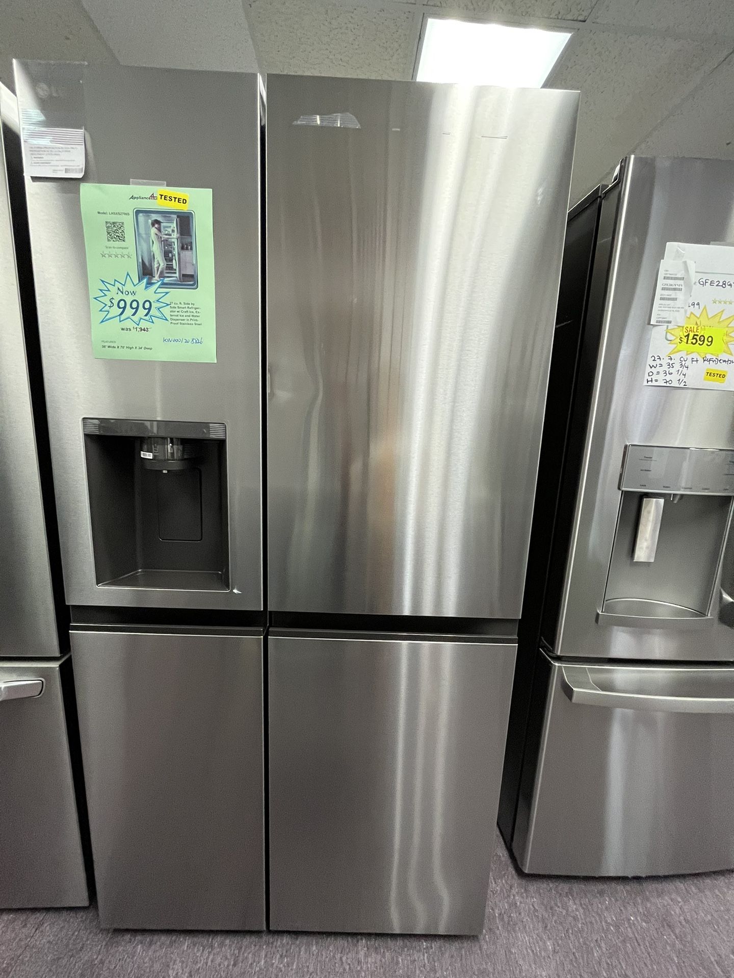 Refrigerator, 36’ Wide Stainless Steel Side By Side LG