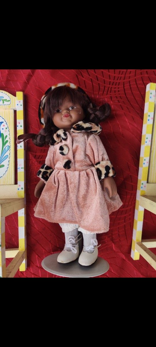 Doll Porcelain Unmarked 9" tall Brown Braids Tan Skin Velvet & Leopard Dress