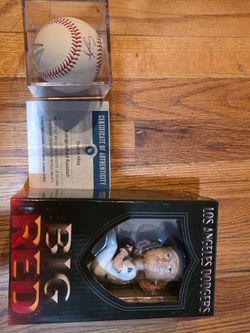 Dustin May dodgers foundation signed ball with authenticity and a bobble head