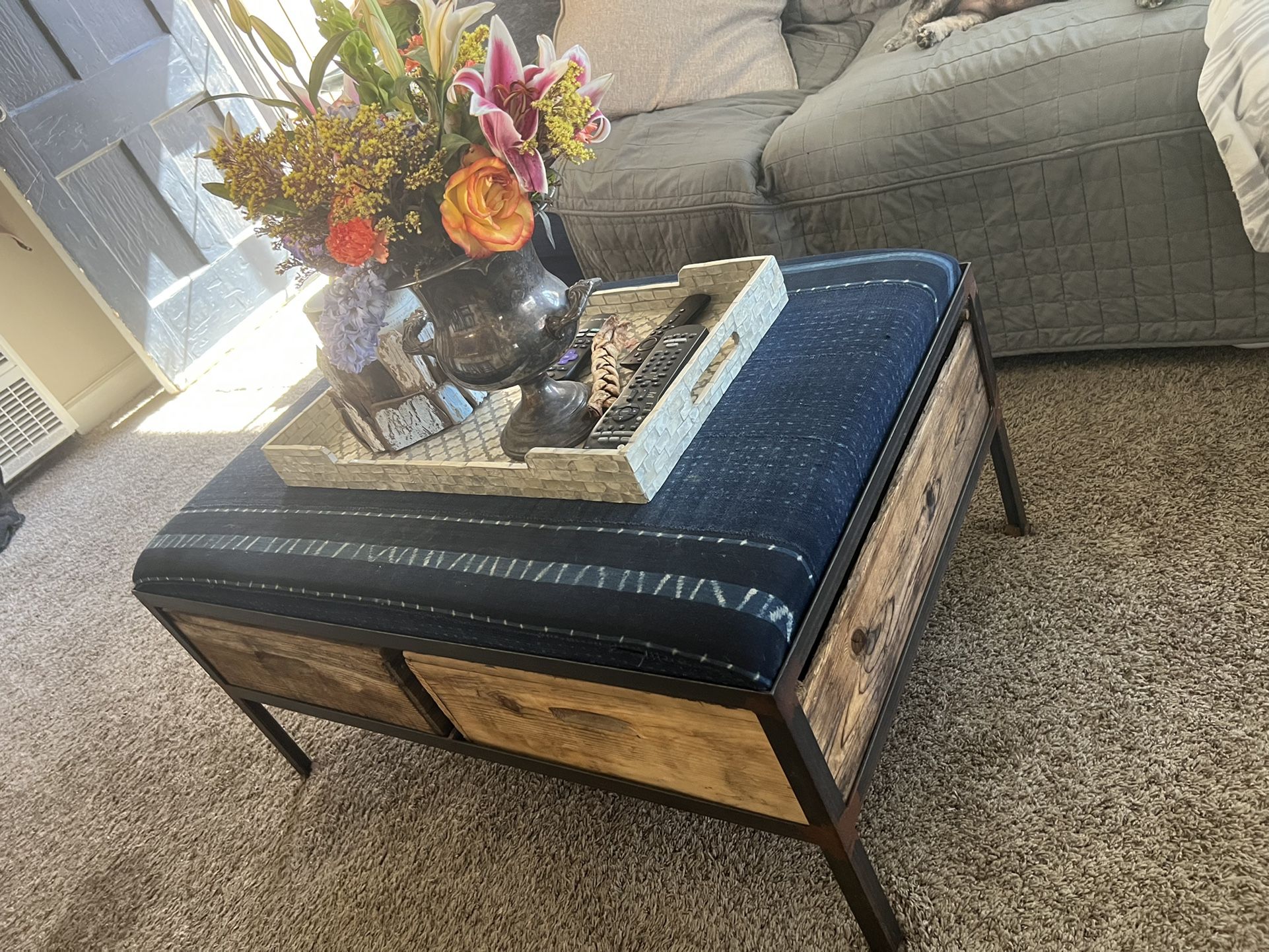 Fantastic Coffee table hand crafted in SoCal using repurposed wine crates (bench style) ottoman