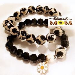 Blessed Mom Giraffe Agate Bracelet Set