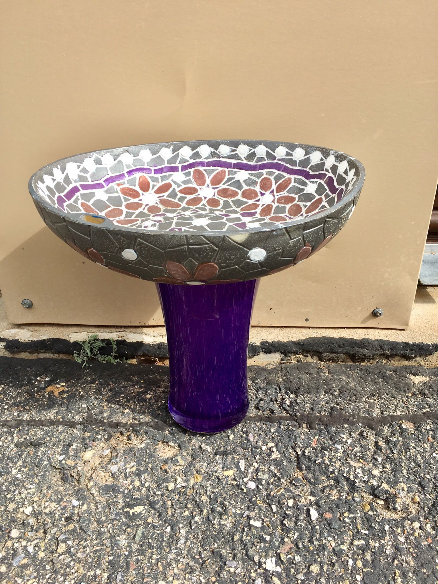 Bird Bath Feeder colorful Mosaic dish and pick a stand, purple or come check them out! 15" h