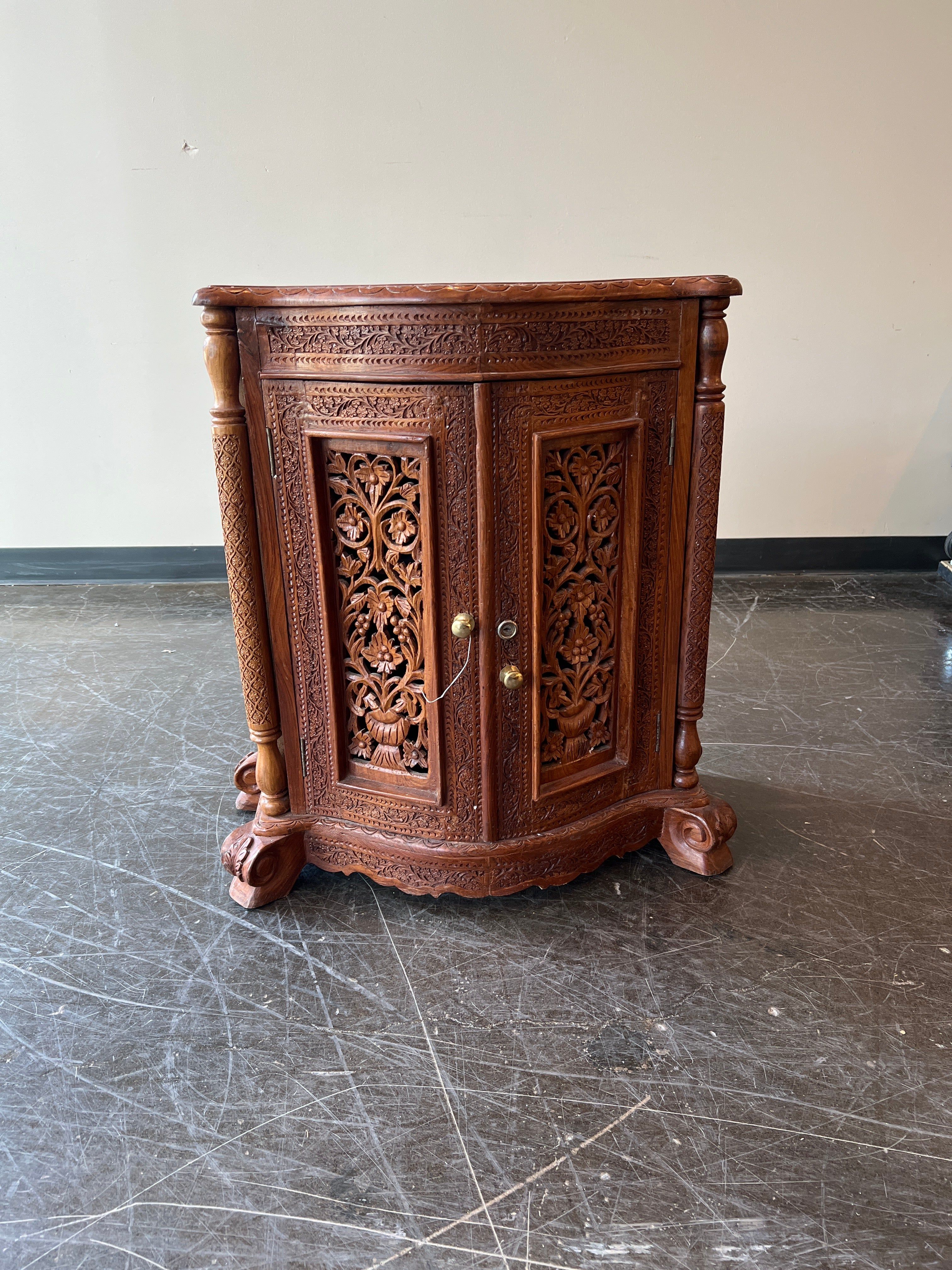 Intricate Carved Wood Corner Cabinet