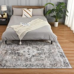 8x10 Washable Area Rug Gray Vintage Floral Print Nonslip Thin Foldable Carpet for Living Room Bedroom Kitchen and Bathroom Traditional Distressed Indo