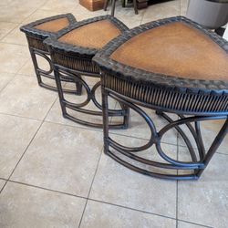 Set Three Vintage Bamboo Rattan Leather Faux Ostrich Nesting Tables ~ French Country