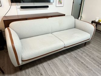 Modern Light grey couch sofa / matching chair with leather trim
