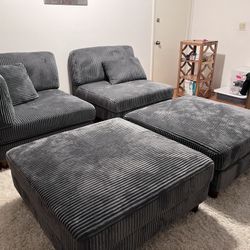 4 Piece Modular Sectional, Gray Corduroy 