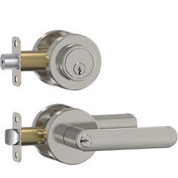 Entry Door Knob and Single Cylinder Deadbolt Lock Comboset,Brushed Nickel Round Locking Lever Handle Set Reversible for Right or Left Door