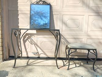 Wrought Iron Vanity Table, Mirror, and Stool Set