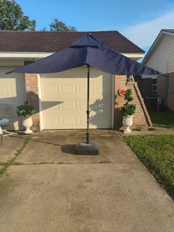 Used Navy Rectangular Outdoor Patio Umbrella with base 108" x 79"