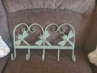 Sage Green Metal Wall Mount Dragonfly Hook Rack, Coat / Hat / Garden Tool Rack,