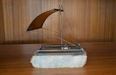Copper and Brass Boat Sculpture Stone Base