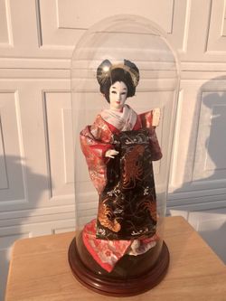 Vintage Japanese Geisha Doll On Original Wood Stand Under Glass