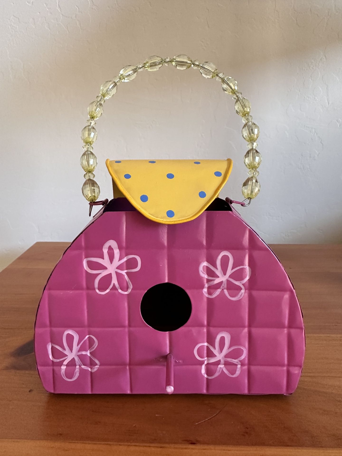 Pink Metal Birdhouse with Beaded Handle