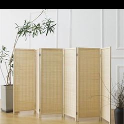 6 Panel Room Divider Short Folding Screen Divider,Double Sided Bamboo Panel Divider for Room Separation,Beige,47.2" H x 92.1" W