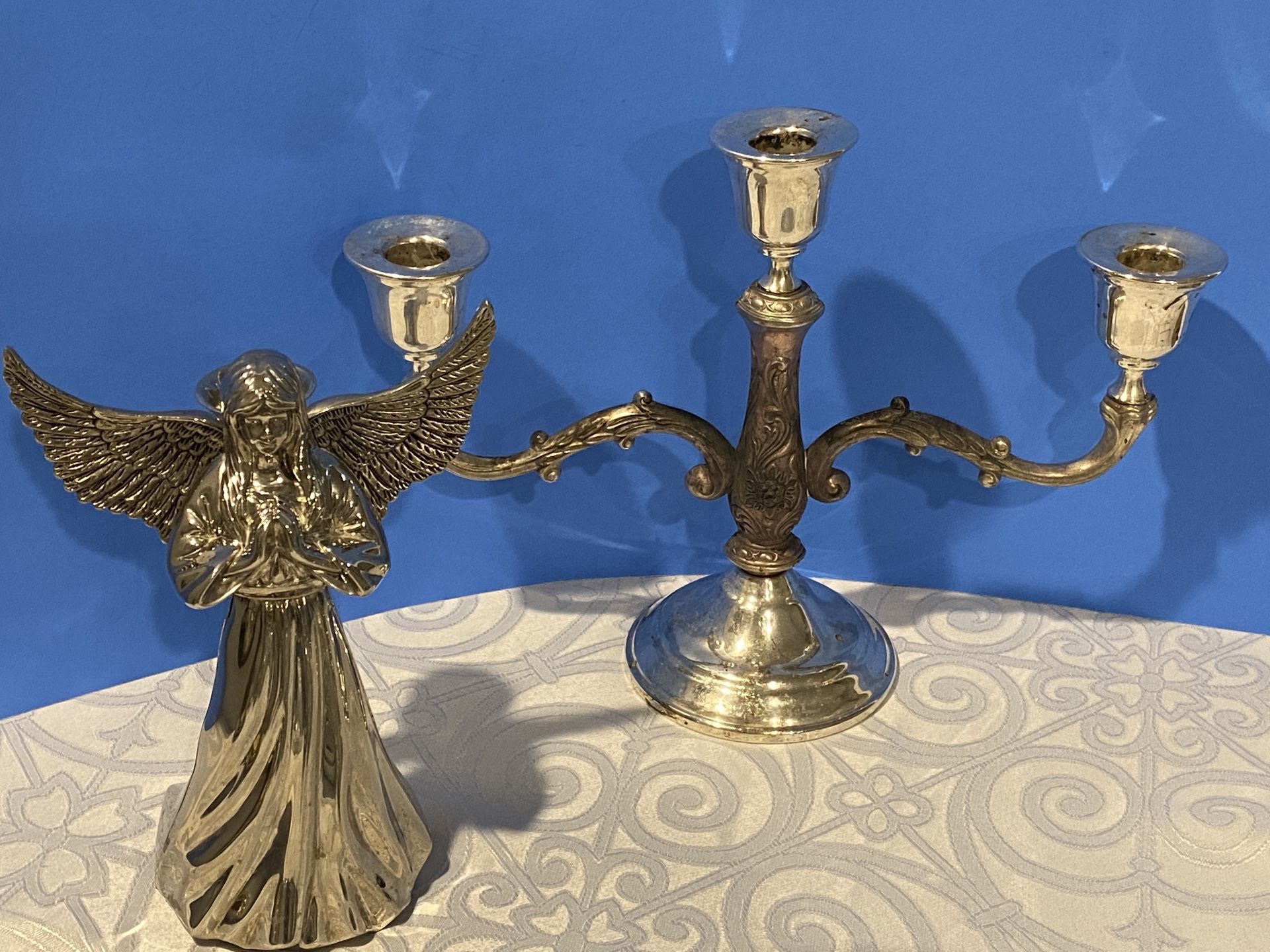 (2) Antique Vintage Silver Plate Candelabra Angel Candleholders