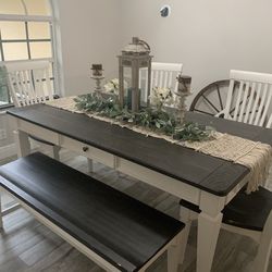 Farmhouse Dining Table With Chairs & Bench