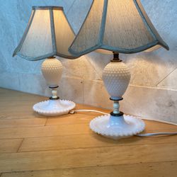 Pair Of Vintage Hobnail Milk Glass Lamps Electric 
