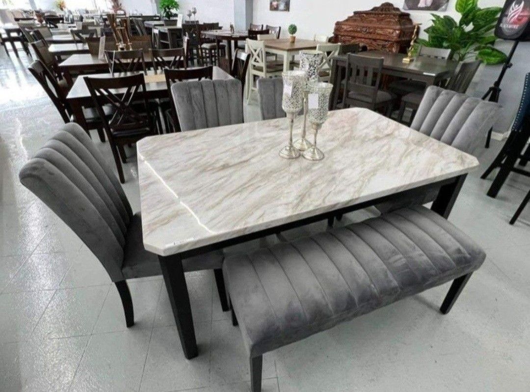 ✅️✅️ 5 pc Pascal black wood finish faux marble top dining table set grey fabric (Bench not included)✅️✅️