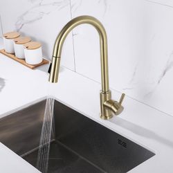 Brushed Gold Touch Kitchen Faucet Stainless Steel Pull Out Spray Single Handle 