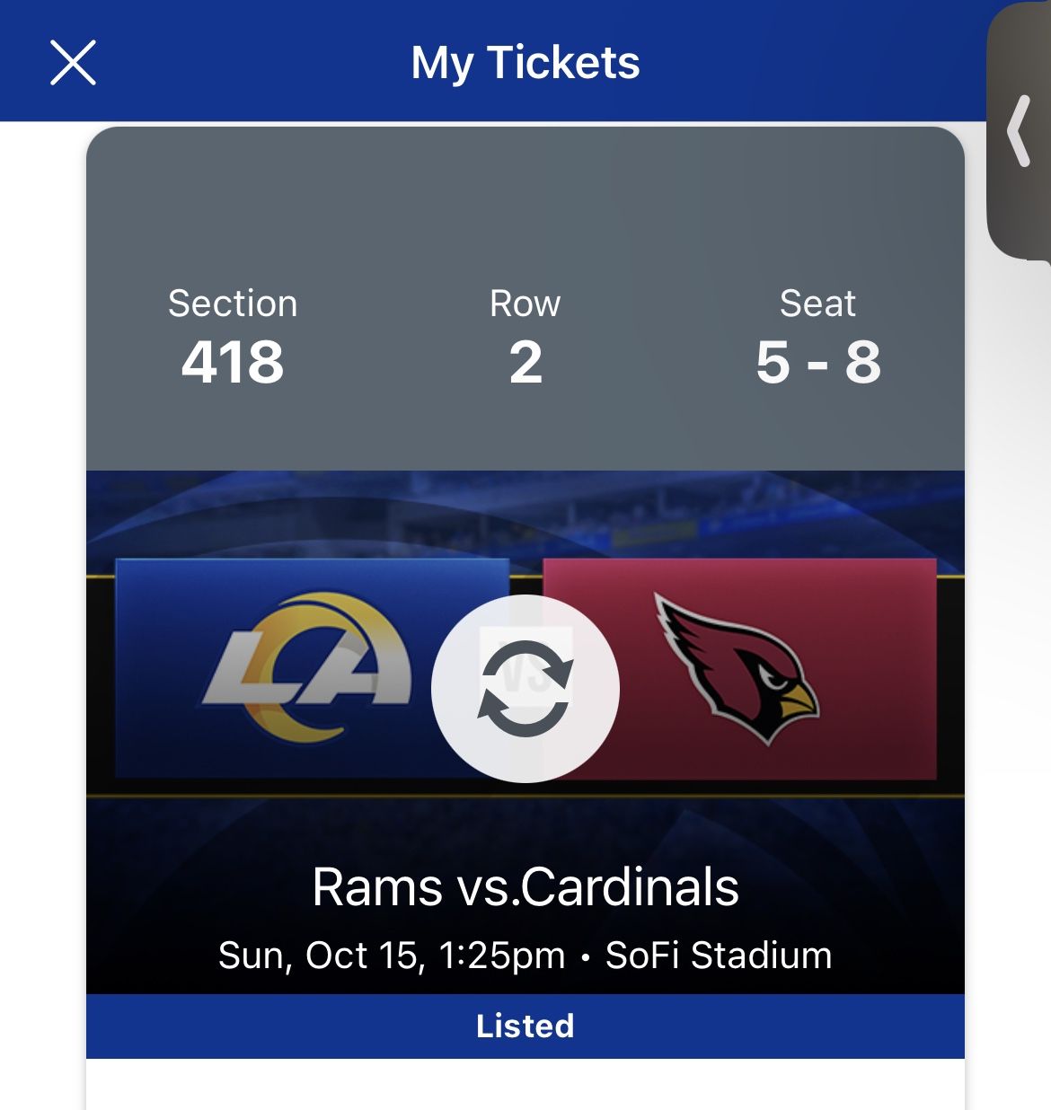 LA Rams Vs Cardinals (Oct 15) 4 Tickets for Sale in Corona, CA OfferUp