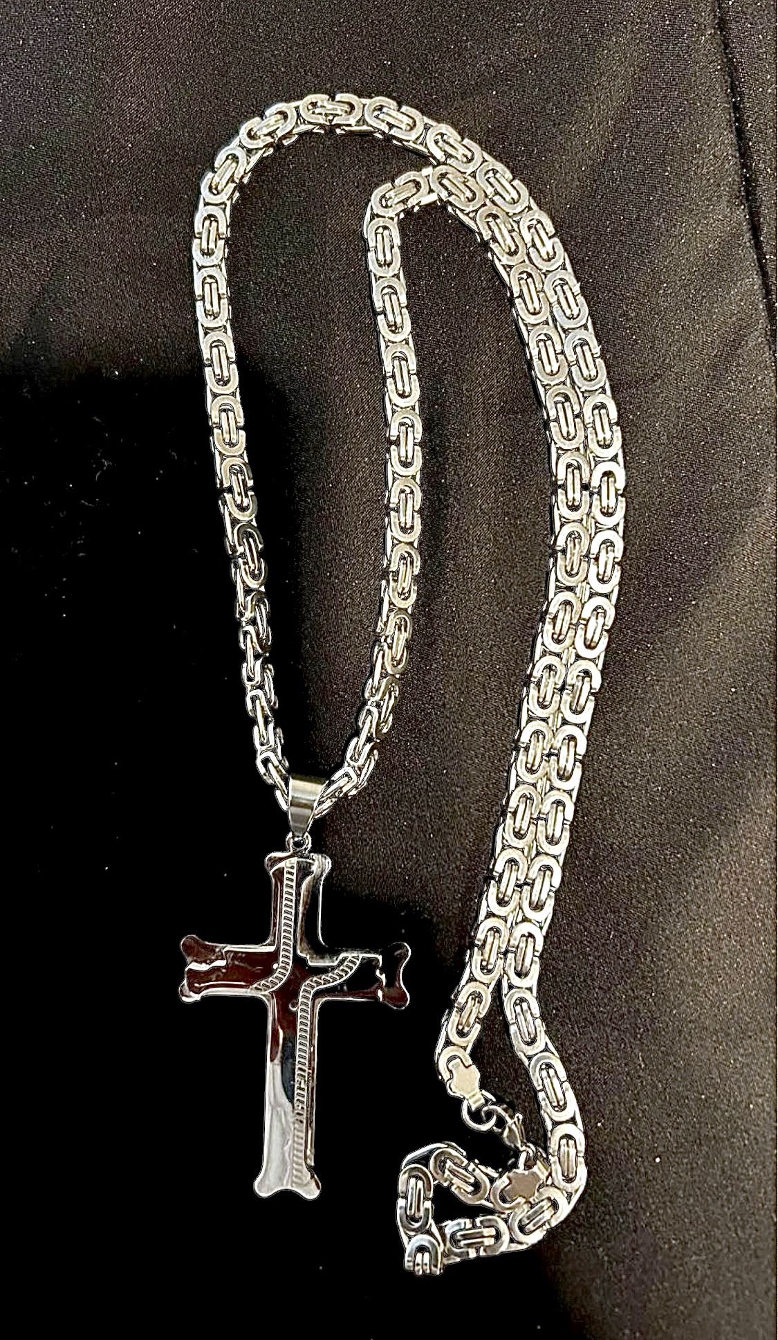 18k White Gold Stainless Steel Byzantine Necklace 30” And Cross Charm