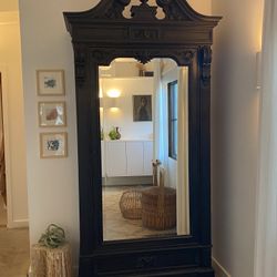 Antique Mirrored Armoire, Burlwood Detail, With Original Working Key