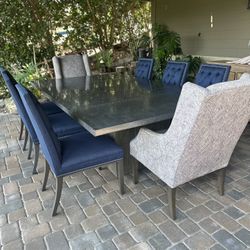 Extra Large Aluminum Top Indoor Dining Table With 8 Custom Chairs 