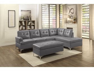Brand new 110" x 80" grey or black leather sectional + ottoman
