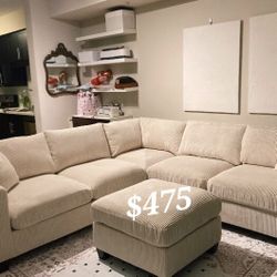 Beautiful 4-Pc Corduroy Sectional Sofa Set With Ottoman 