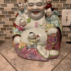 Large Vintage  Happy Buddha 12" x11" Family Rose Statues With 5 Children 