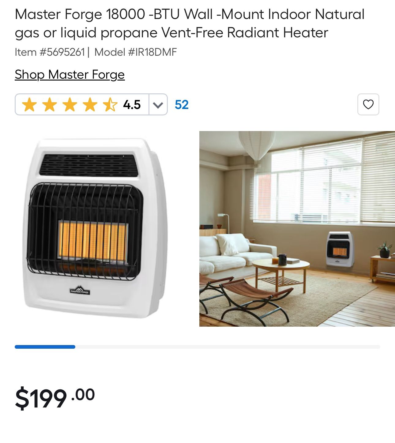 Master Forge 18000 BTU Wall Mount Indoor Natural gas or liquid propane Vent  Free Radiant Heater