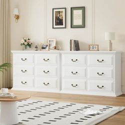 Set of 2 Homfa 6 Drawer Horizontal Wood Dressers Chest for Bedroom, Contemporary Storage Cabinet for Living Room Entryway, White