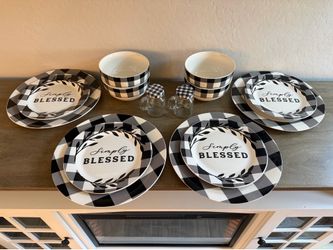4 Piece Dinnerware Set - Royal Norfolk Black White Checkered Plaid Simply Blessed Dish Set