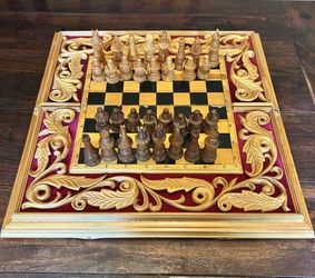 Ornate wooden chess set