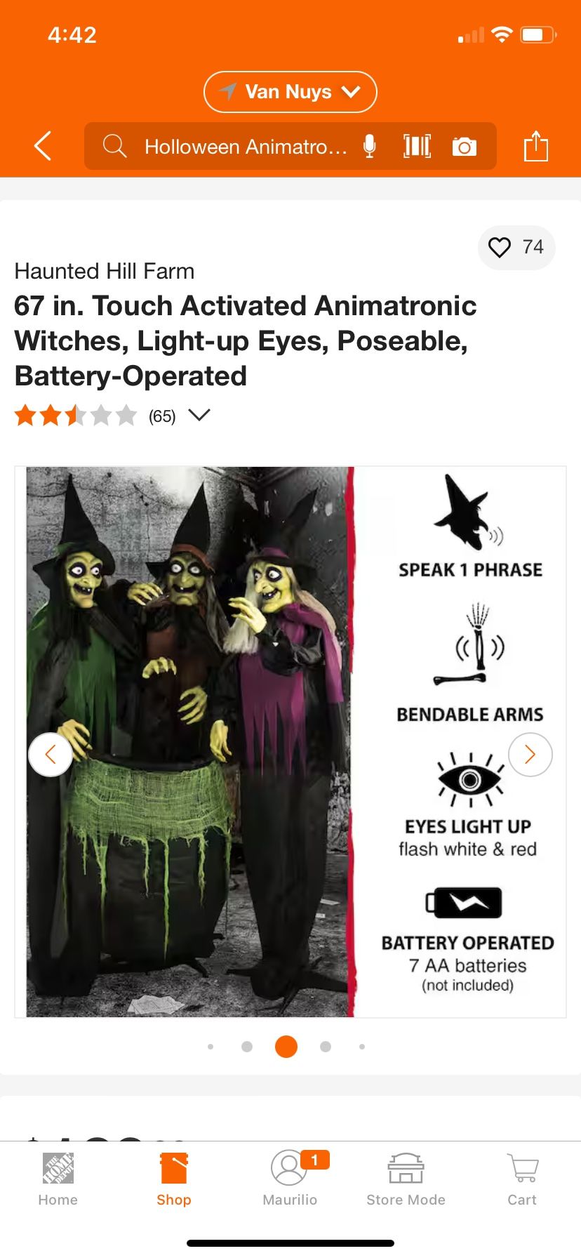 67 in. Touch Activated Animatronic Witches, Light-up Eyes, Poseable, Battery-Operated