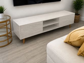 White Marble-Effect TV Stand with Wood Legs