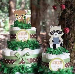 FOREST ANIMALS WOODLAND Creatures baby shower diaper cakes - Deer and Raccoon