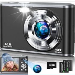 🔥Brand new🔥 4K Digital Camera, 48MP Autofocus Camera Selfie with Front and Rear Dual Lenses, 32GB Card, 2 Batteries, 16X Digital Zoom, Compact Trave