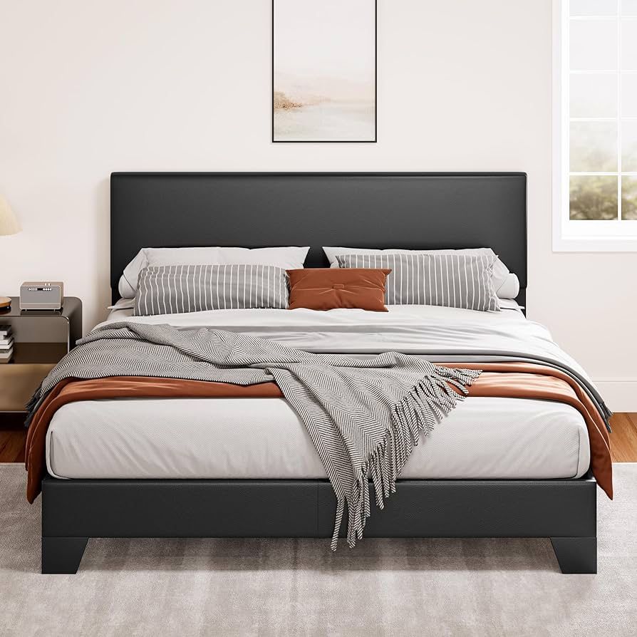 Full Size Platform Bed Frame with Clean Line Fabric & Adjustable Headboard, Wood Slats Support, No Box Spring Needed, Easy Assembly, Black