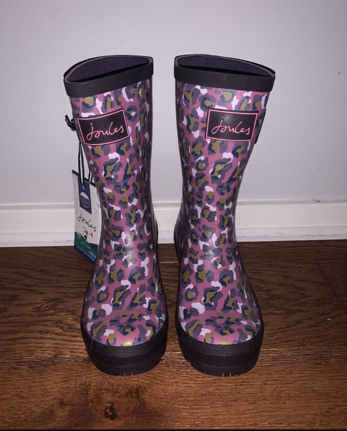 NEW Joules Molly Welly Rain Boots Women's Mid Calf Purple Brown Cheetah Print 5