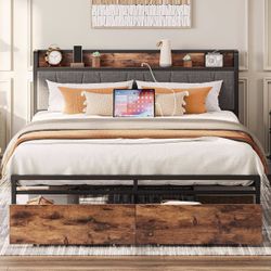 Full size Bed Frame With Charging Station & Storage Drawers 