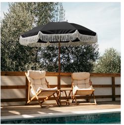 AMMSUN 7ft Patio Umbrella with Fringe Outdoor Tassel Umbrella UPF50+ Premium Steel Pole and Steel Ribs Push Button Tilt, Black