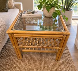 Rattan Side Table with Glass Top