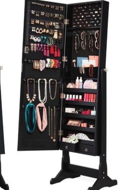 Jewelry Armoire Cabinet, Full Length Mirror w/ Velvet Storage Interior, Lock - Dark Brown