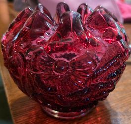 Vintage Fenton Cranberry Poppy Embossed Floral Glass Rose Bowl